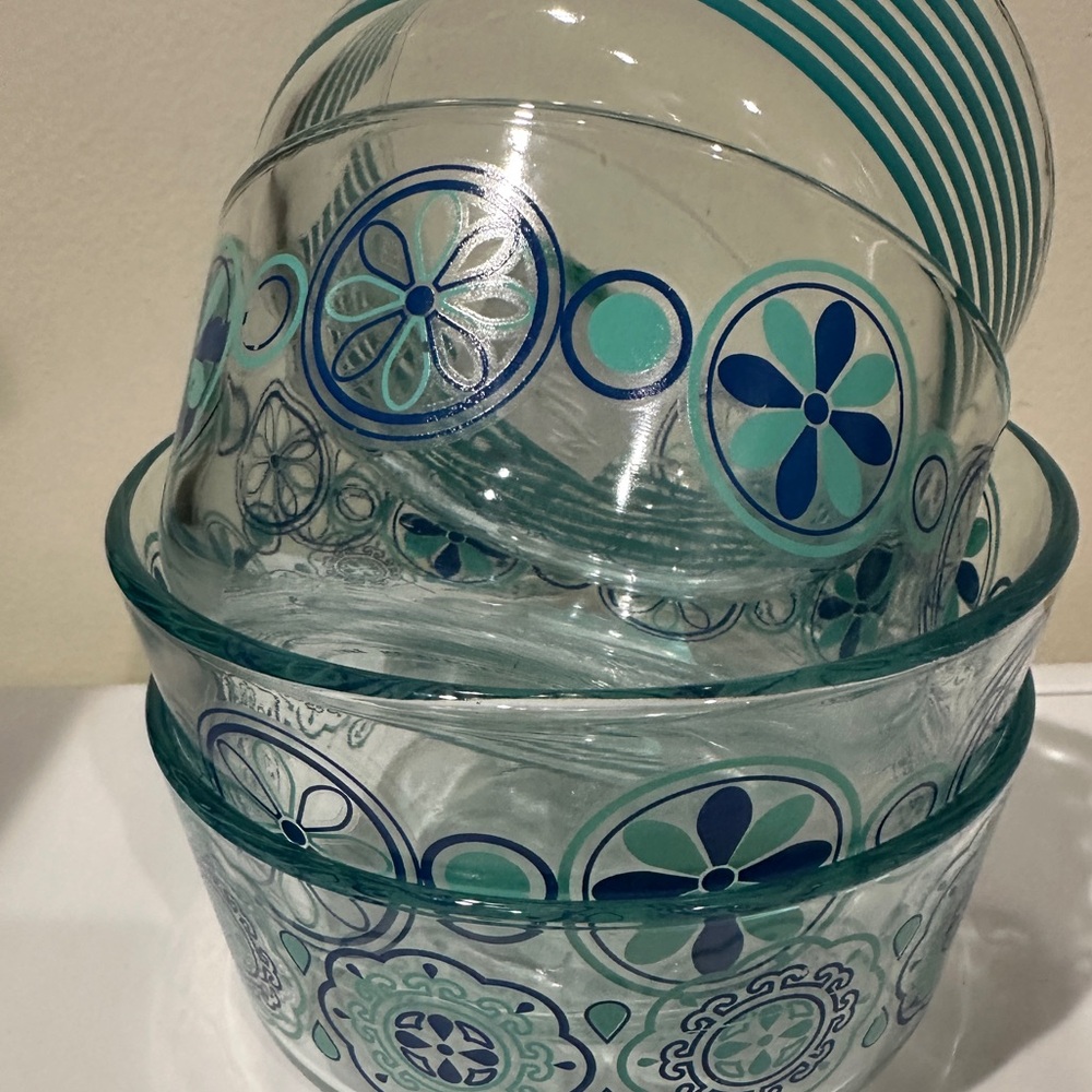 Vintage PYREX Glass Mixing Bowls with Blue & Teal Floral Pattern set of 5